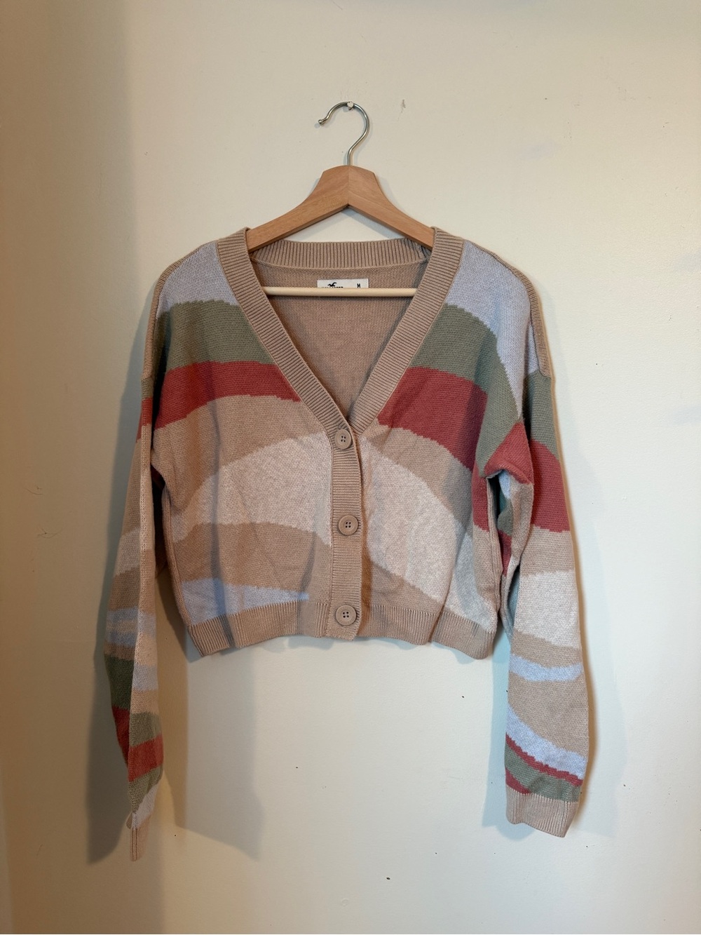 Hollister Striped Cropped Button Cardigan in Beige, Rust & Sage